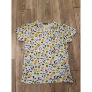 Wear For Care Doggie Bone Puppy Print‎ Scrub Top Blue V-Neck Medical Small